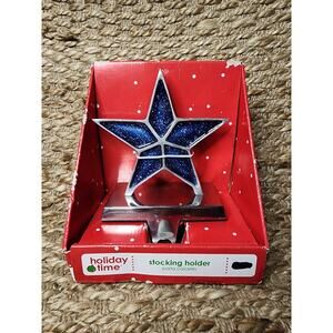 NEW! Holiday Time Metal Silver Metallic Blue Star Stocking Holder Hanger 7"